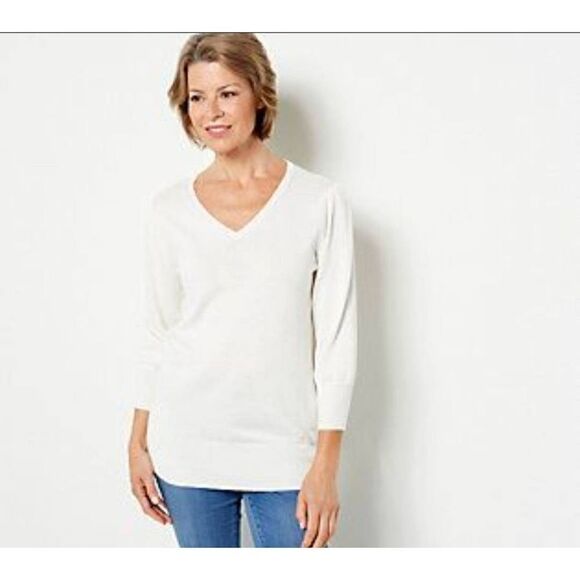 Susan Graver Off White V Neck Sweater Size S - Picture 1 of 8